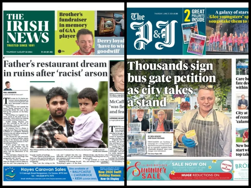 Recent Irish News and Aberdeen Press & Journal front pages - the top two in the ranking of ABC regional daily newspaper circulations for H1 2024