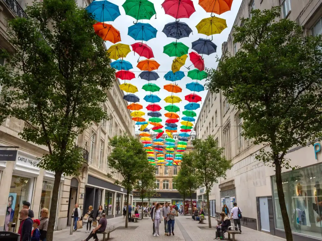 Liverpool / UK - July 13 2019: The Umbrella project, celebrating neurodiversity and ADHD awareness, Church Alley, Liverpool. Picture: Shutterstock