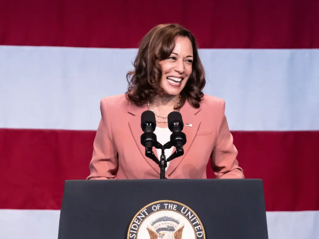 US Vice President Kamala Harris is seen stood laughing, looking off-camera in front of a large American flag and behind a podium.