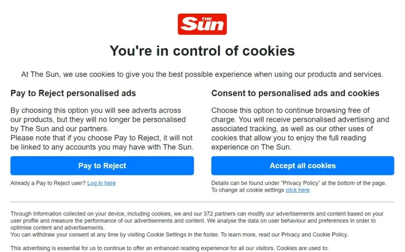 The Sun's "pay or reject" pop-up