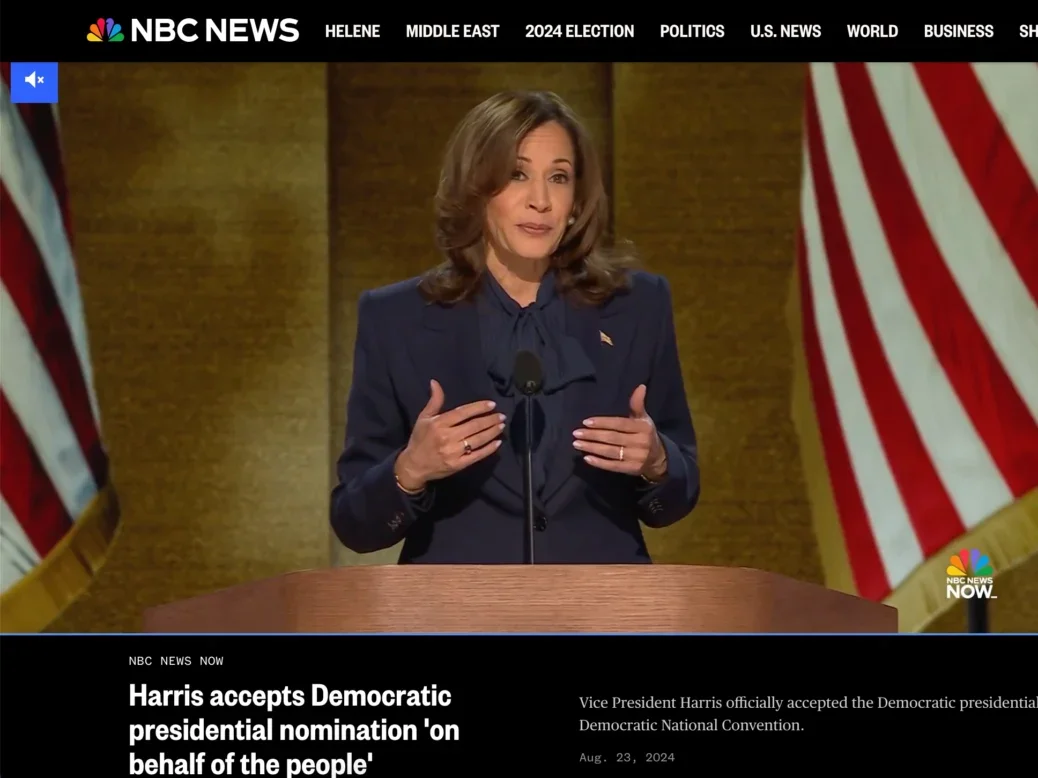 Kamala Harris is depicted on NBC News accepting the Democratic presidential nomination in an image illustrating a story about the most-visited news sites in the world in August 2024.