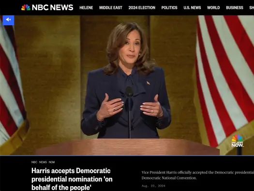 Kamala Harris is depicted on NBC News accepting the Democratic presidential nomination in an image illustrating a story about the most-visited news sites in the world in August 2024.