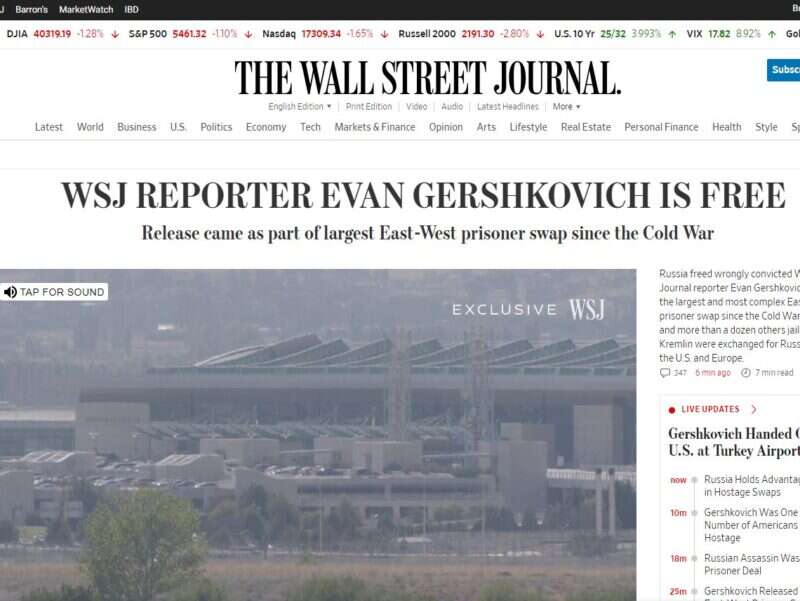 Wall Street Journal homepage after Evan Gershkovich's release