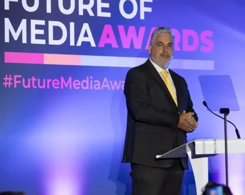 Press Gazette editor-in-chief Dominic Ponsford on stage introducing the Future of Media Awards 2024. Picture: ASV Photography