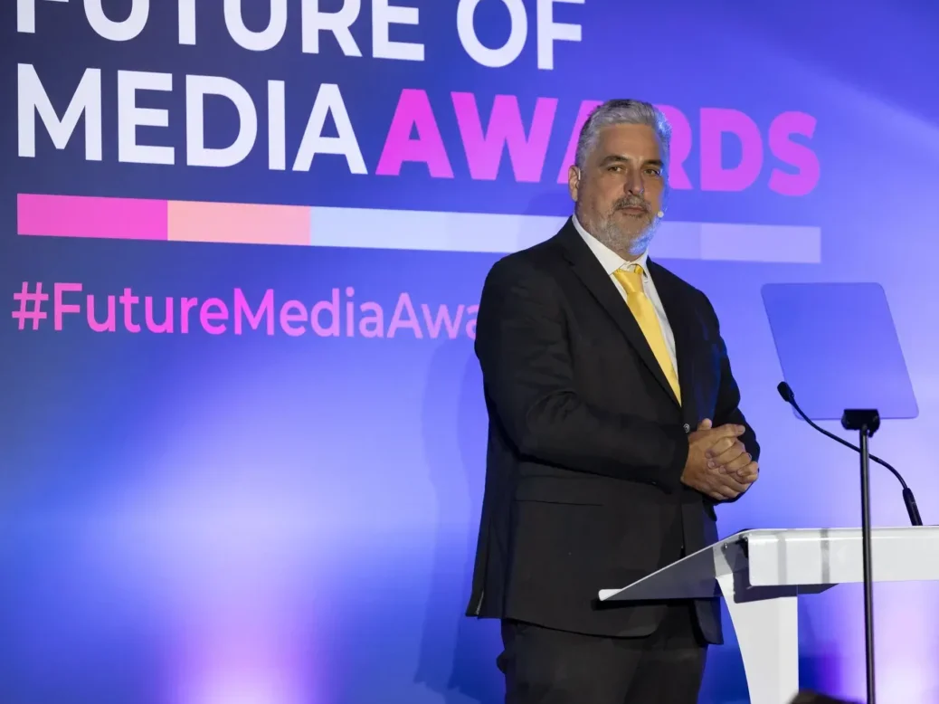 Press Gazette editor-in-chief Dominic Ponsford on stage introducing the Future of Media Awards 2024. Picture: ASV Photography