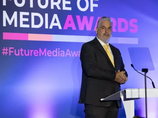 Press Gazette editor-in-chief Dominic Ponsford on stage introducing the Future of Media Awards 2024. Picture: ASV Photography