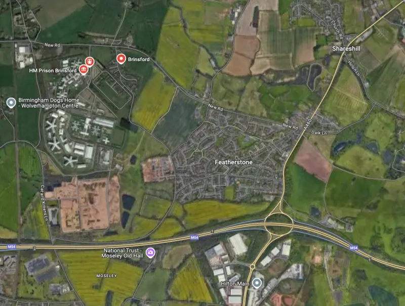 A map displaying the Staffordshire town of Featherstone in relation to its nearby prisons and two other local settlements,