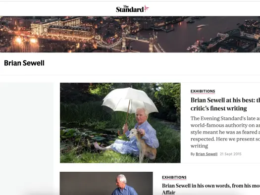 A screenshot of Brian Sewell's author page on the Evening Standard website, illustrating a story reporting that the Standard have confirmed their first new weekly edition will feature an "experimental" review written by an AI in the style of Sewell.