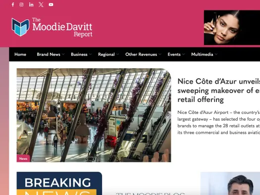 A screenshot of the front page of the Moodie Davitt Report, a travel retail and airport commercial revenues sector B2B title and events business that has been bought by Mark Allen Group.