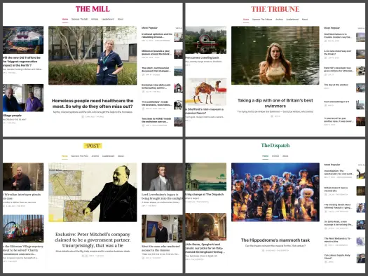 A composite image showing the four extant Mill Media titles: the Manchester Mill, Sheffield Tribune, Liverpool Post and Birmingham Dispatch. The titles are set to move off Substack where they have been hosted since launch.