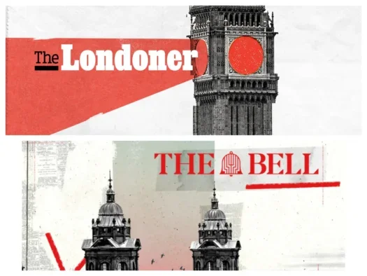 Promotional images for The Londoner and The Bell, respectively the new London- and Glasgow-focused titles from local newsletter startup Mill Media. The Bell logo incorporates an image of a bell inlaid with parallel zig-zagging lines, evoking the designs of famous Glaswegian Art Nouveau architect Charles Rennie Mackintosh. The Londoner's logo appears in a fan-shaped ray of red emanating from the clockface of the Elizabeth Tower in Westminster.