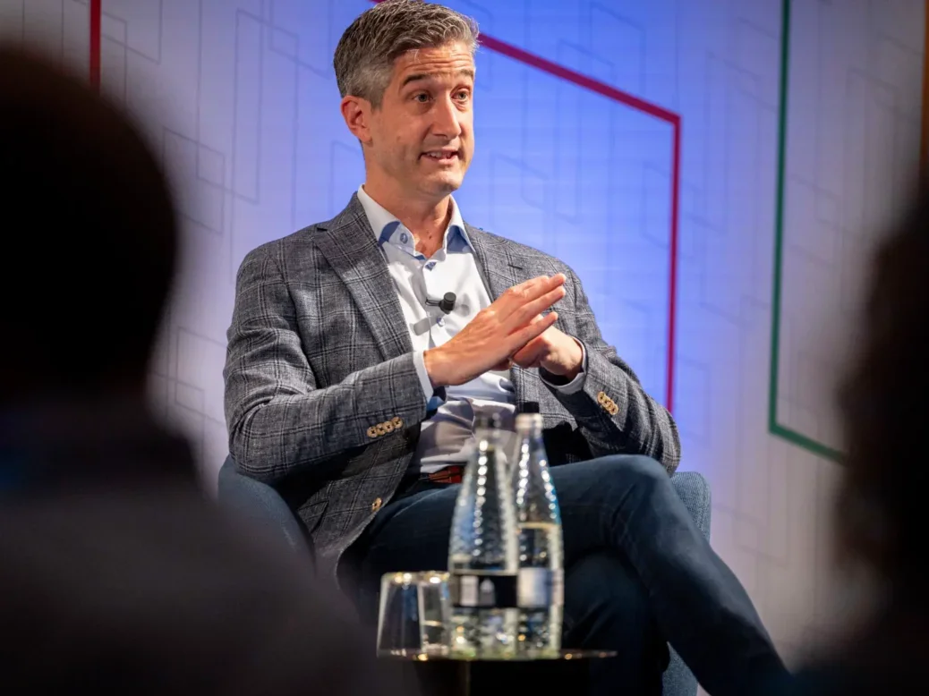 Guardian chief financial and operating officer Keith Underwood speaking and sitting on stage at the FT Strategies News in the Digital Age conference in London on 3 September 2024. Picture: FT