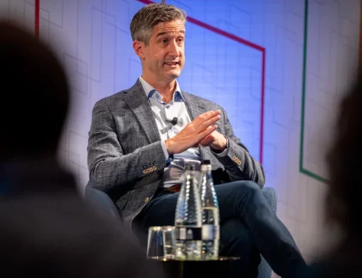 Guardian chief financial and operating officer Keith Underwood speaking and sitting on stage at the FT Strategies News in the Digital Age conference in London on 3 September 2024. Picture: FT