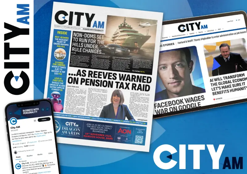 Promo image for City AM's refresh including a screenshot of its new logo on its X profile, its newspaper front page and its website as shown on a tablet