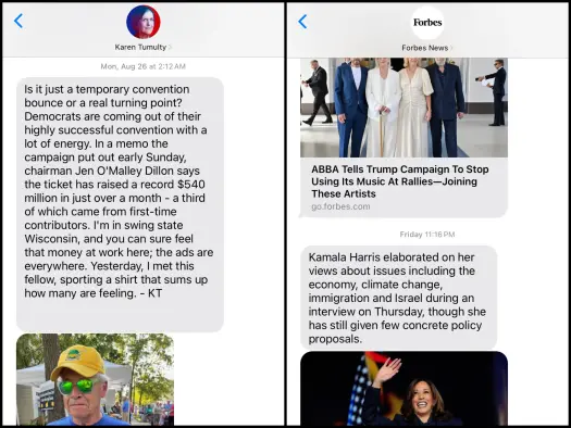 Two screenshots of Subtext threads as a member of the public would see them: one from Washington Post columnist Karen Tumulty, and one from Forbes. Pictures: Subtext