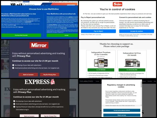 Screenshots of consent or pay cookie banners for Mail Online, The Sun, the Mirror, The Independent, the Express and The Times