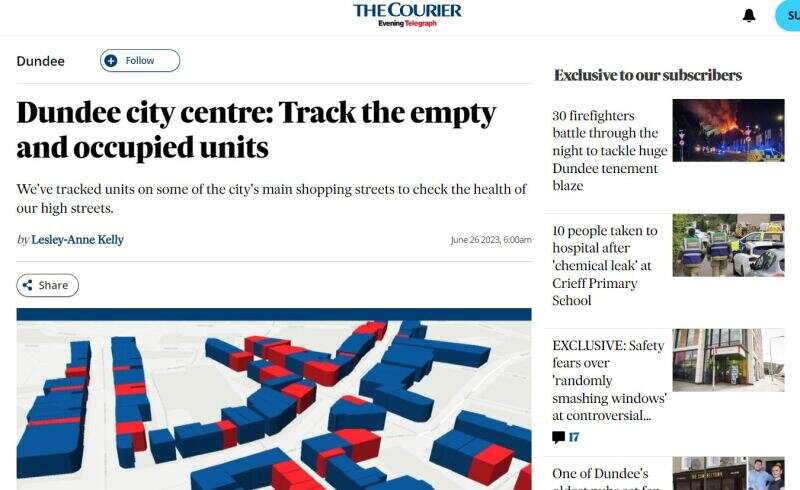 Courier website screenshot showing top of story about tracking empty and occupied units in Dundee city centre. Headline: "Dundee city centre: Track the empty and occupied units." Subhead: "We've tracked units on some of the city's main shopping streets to check the health of our high streets." Picture shows a computer-generated model of a town centre with some units coloured blue and some coloured red.