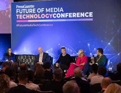 Newsroom transformation in the age of AI panel at the Future of Media Technology Conference 2024: from left to right, Press Gazette UK editor Charlotte Tobitt, News UK COO David Dinsmore, Q5 head of media Graham Page, Harmsworth Media chair Nina Wright, and Reach editorial director Paul Rowland. All sitting on stage on two sofas in front of an audience, with a backdrop that says Press Gazette Future of Media Technology Conference