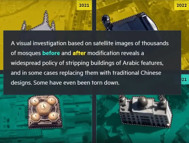 A screenshot from the FT's How China is tearing down Islam visual story. A textbox superimposed over satellite pictures of mosques says: "A visual investigation based on satellite images of thousands of mosques before and after modification reveals a widespread policy of stripping buildings of Arabic features, and in some cases replacing them with traditional Chinese designs. Some have even been torn down."