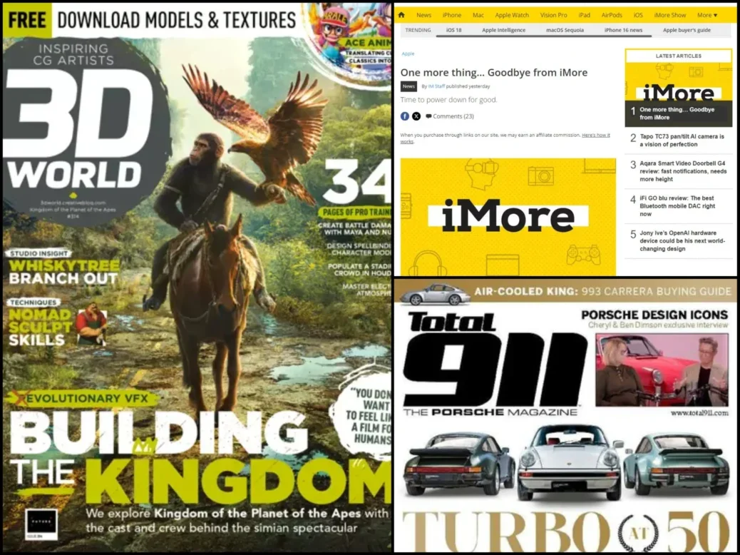 Three titles being closed by Future plc: 3D World, iMore and Total 911. Magazine covers for 3D World and Total 911, and screenshot of website article announcing the closure for iMore