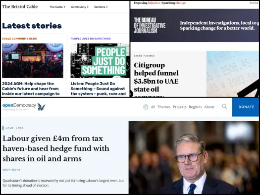 Homepages of The Bristol Cable, The Bureau of Investigative Journalism and Open Democracy on 19 September 2024