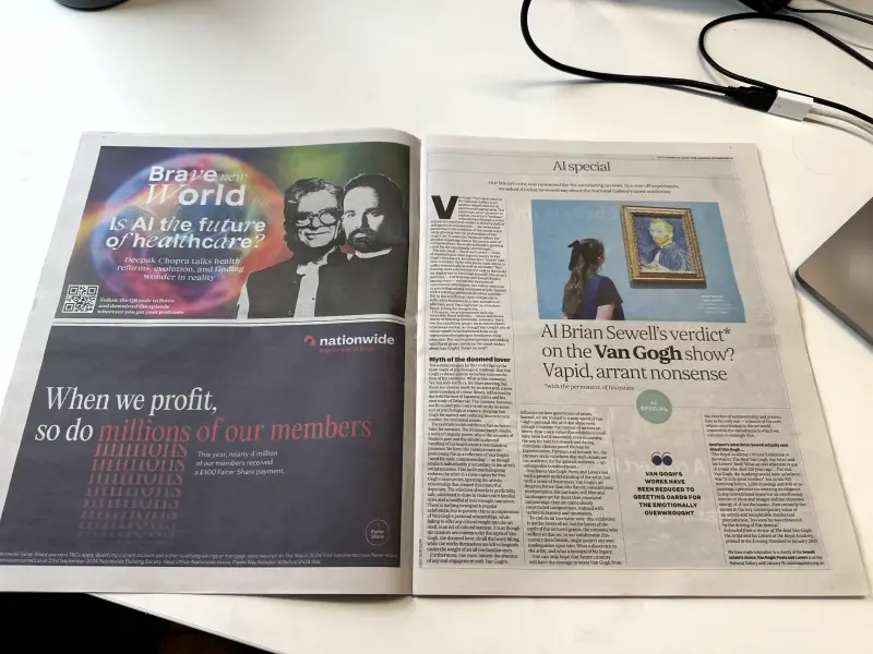 A spread inside a copy of the new weekly London Standard showing its Brian Sewell AI feature, opposite an ad for an episode of proprietor Evgeny Lebedev's podcast about AI and healthcare.