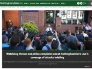 Screenshot of the Nottinghamshire Live homepage top story with the headline: "Watchdog throws out police complaint about Nottinghamshire Live's coverage of attacks briefing" with picture of a police officer giving a press briefing to more than 20 journalists and camerapeople