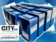 Promo shot of 16 new co-branded City AM and London Standard blue distribution bins with their new logos in the corner