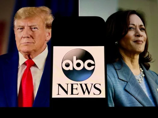 Photos of Donald Trump, left, and Kamala Harris, right, with phone showing logo of ABC News superimposed between them