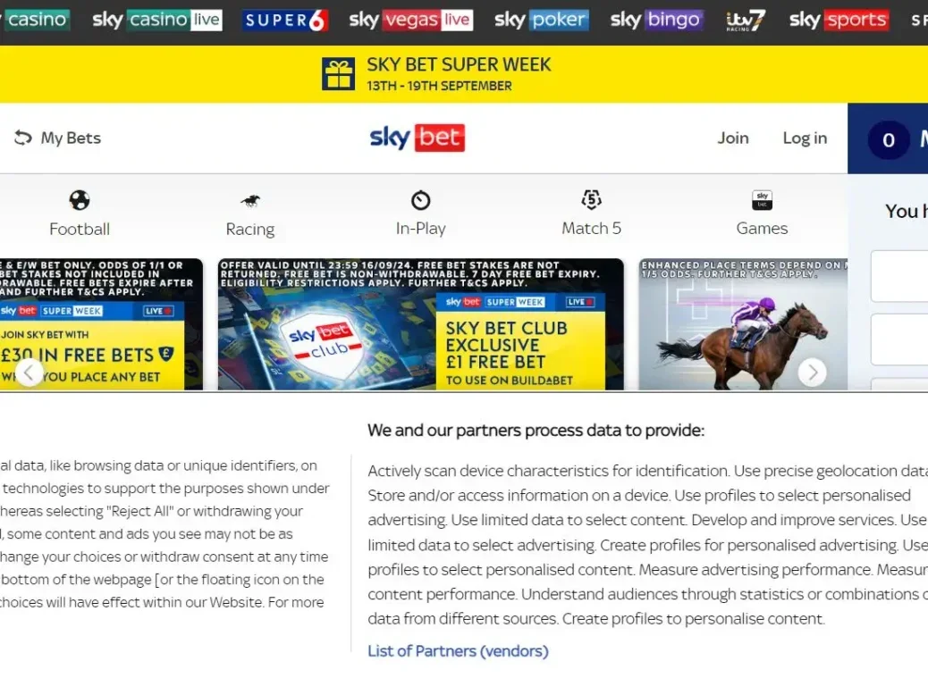 Sky Bet homepage on 16 September 2024 including part of the current cookie banner