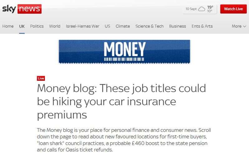 Screenshot of the headline of the Sky News money blog on Tuesday 10 September 2024