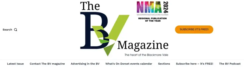 Top of The BV Magazine website. Shows large logo and website section headings: latest issue, contact The BV Magazine, Advertising in the BV, what's on Dorset events calendar, sections, subscribe here - it's FREE!, and The BV Podcast