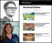 A composite image showing, clockwise from top-left: Bloomberg Weekend Edition executive editor Katherine Bell, a screenshot of the inaugural Bloomberg Weekend Edition as it appears on the Bloomberg Media website, and Bloomberg Media chief digital officer Julia Beizer. The images illustrate a story about the launch of Bloomberg Weekend Edition and the news that Bloomberg's consumer product has hit 740,000 paying subscribers, a 240,000 increase on a year ago.