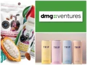 Clockwise from left: Blue Stripes cacao products, the DMG Ventures logo and a selection of Trip CBD-infused drinks. The images illustrate a story about DMG Media's venture capital arm investing in Trip and Blue Stripes.