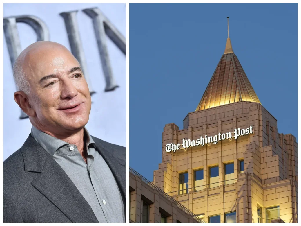 A picture montage depicting The Washington Post building and its proprietor Jeff Bezos, illustrating a story about the minimum $8 million hit to revenue the paper has incurred after 200,000 subscribers reportedly cancelled following Bezos' decision not to have the paper endorse a candidate in the US presidential election.