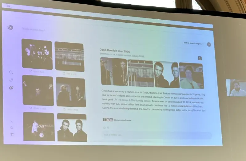 A slide from an OpenAI presentation at the Twipe Digital Growth Summit in Brussels in October 2024 demonstrating how publishers will appear in SearchGPT. Small icons bearing logos of The Sun and The Times can be seen beneath the main search result.