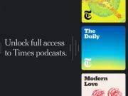 A promotional image showing show cards for The New York Times podcasts The Daily and Modern Love against a black background, and accompanied by a caption reading: "Unlock full access to Times podcasts." The image illustrates an article about The New York Times' new podcast subscription product, which effectively adds a new strand to its All Access "bundle" subscription by erecting a paywall around its podcasts on Spotify and Apple Podcasts.