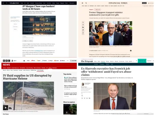 Screenshots of four articles (at, clockwise from top-left, The Times, Financial Times, Telegraph and BBC) which did not link through to sources of information at other news sites.