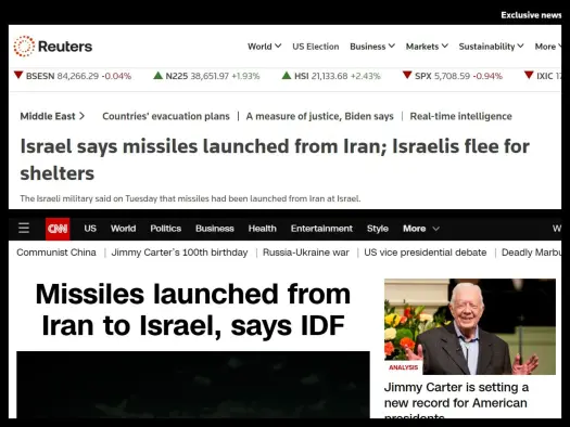 Snapshot of Reuters and CNN websites on 1 October 2024, the day both announced they would be launching a metered paywall. Both sites are leading with Israel saying missiles having been launched from Iran