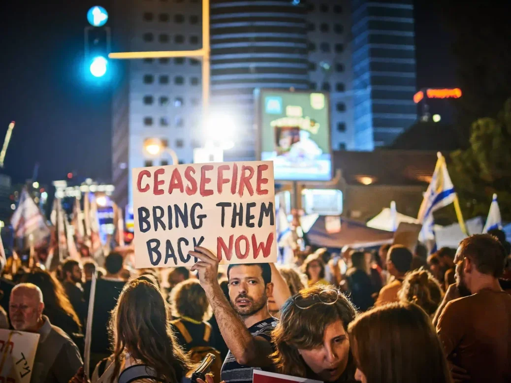 Family members of people kidnapped by Hamas in its 7 October 2023 attack on Israel demonstrate demanding their return on 21 October 2023. Picture: Yehuda Bergstein/Shutterstock