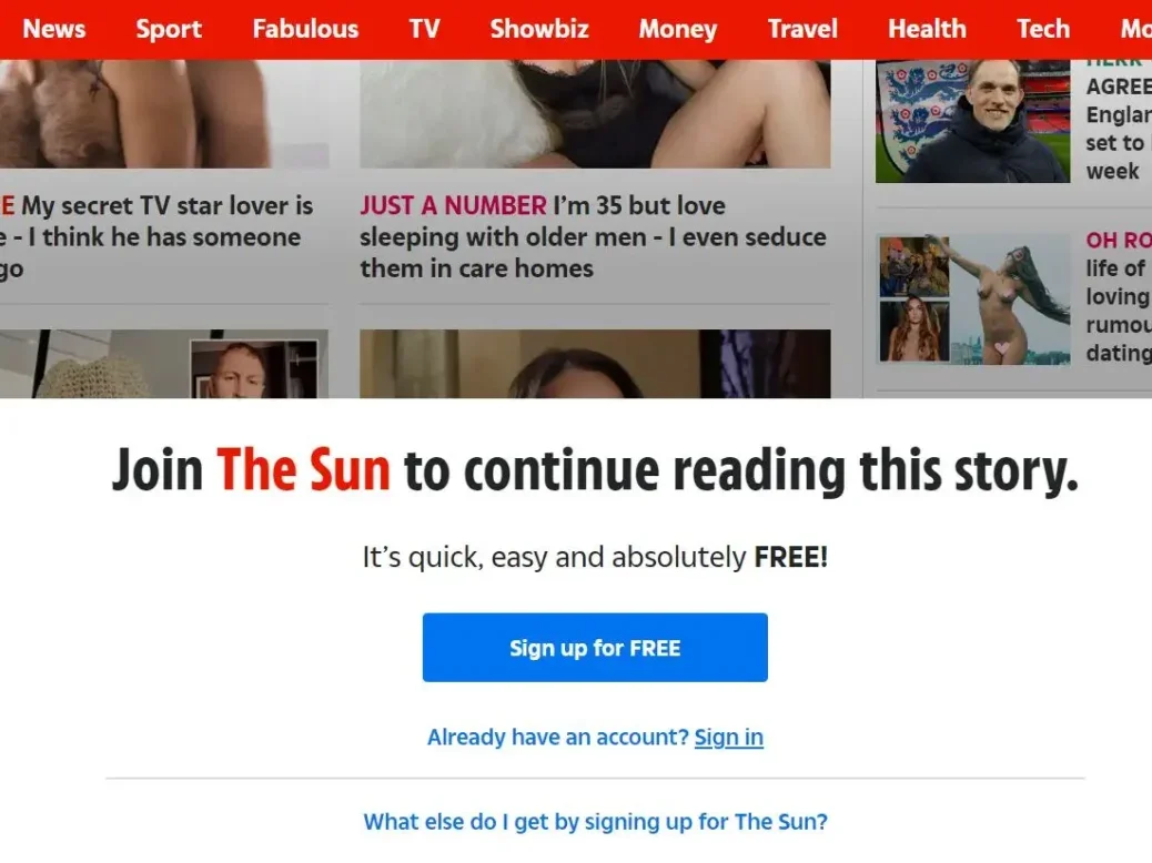 The Sun's registration wall as it appeared over a Dear Deidre story on 16 October 2024