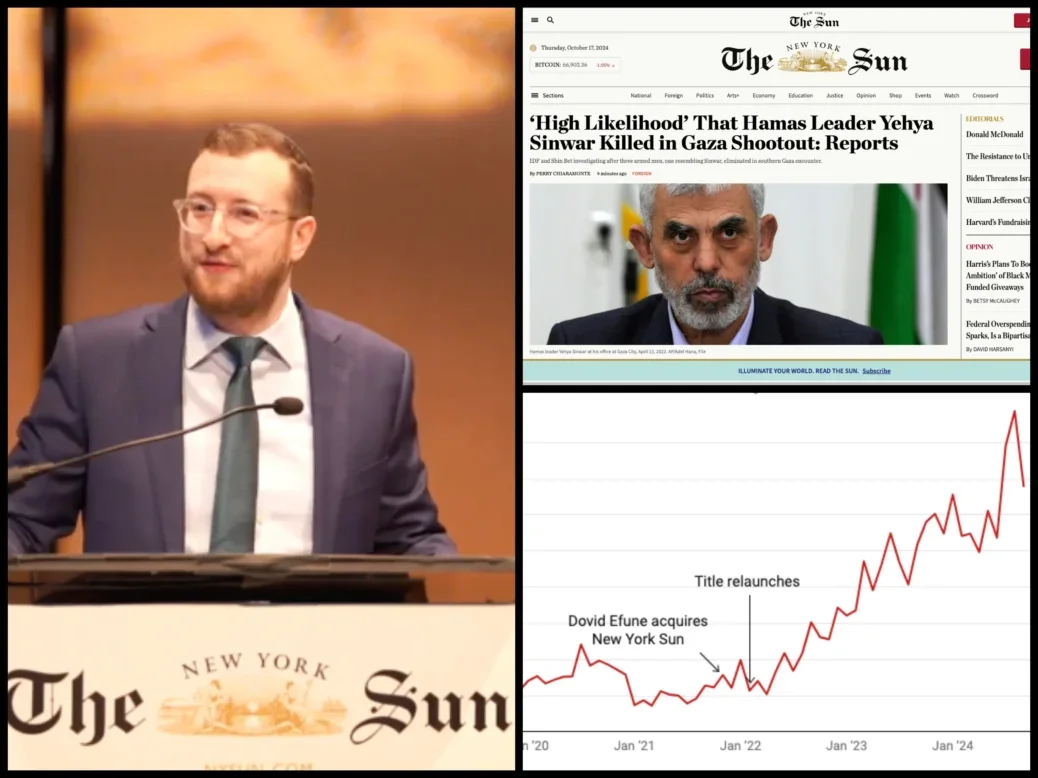 Clockwise from left: New York Sun proprietor and Daily Telegraph bidder Dovid Efune (picture: Youtube screenshot/New York Daily Sun); a screenshot of the New York Daily Sun home page on Thursday 17 October 2024; and a Press Gazette graph illustrating New York Daily Sun web traffic since the title was acquired by Efune.