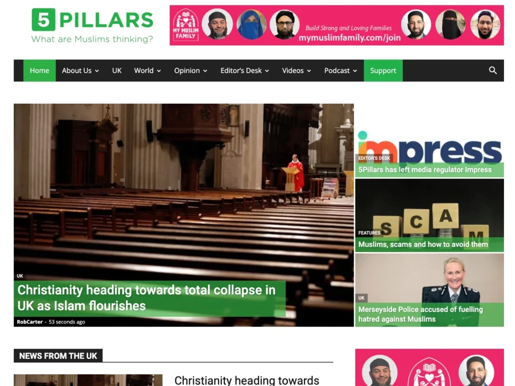 The homepage of Muslim news site 5Pillars, which has departed press regulator Impress citing incompatibility between its values and that of the standards body.