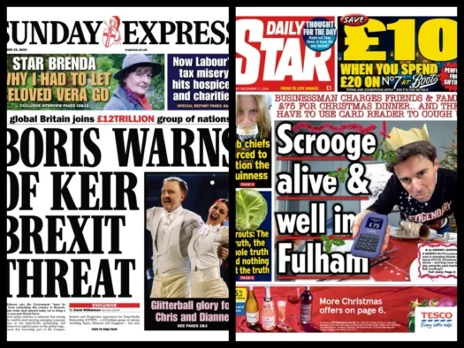 Daily Star and Sunday Express front pages in December 2024