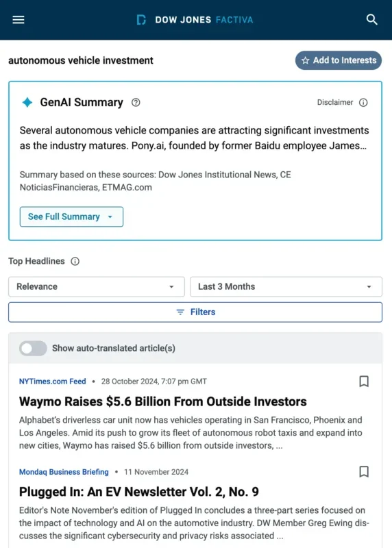 Example generative AI summary response in Factiva to a search about "autonomous vehicle investment".