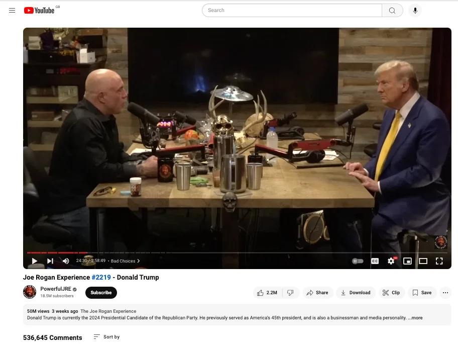 Youtuber and Podcaster Joe Rogan interview Donald Trump in October 2024 on his show Joe Rogan experience for the US presidential election. The image illustrates a story that reveals Pew-Knight-Initiative Research that shows one in five Americans now regularly receives news from influencers on social media.