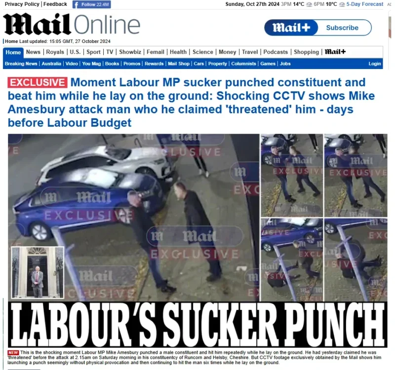 A screenshot of the Mail Online home page with CCTV footage obtained by SWNS in which Labour MP Mike Amesbury appears to punch a constituent.