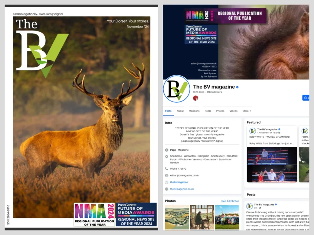 Left: the cover of the November edition of The BV magazine, a free, digital magazine covering Blackmore Vale in North Dorset. Right: The BV's Facebook page, where it uploads all its content without linking back to its website.