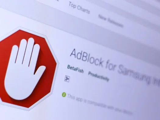 The AdBlock for Samsung Internet app in the app store, shown close-up on a laptop screen. Picture: Shutterstock/Premio Stock