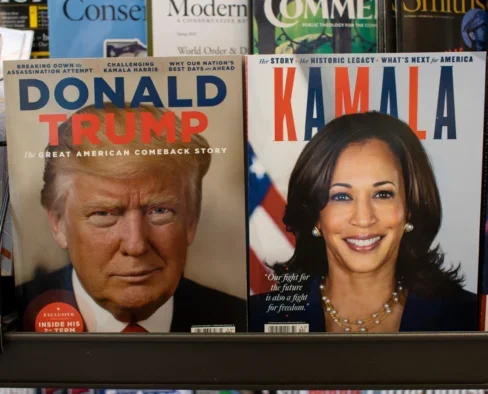 Magazines published by A360 Media with presidential nominees Donald Trump and Kamala Harris on the covers are displayed at a bookstore in Tigard, Oregon. Picture: Shutterstock/Tada Images